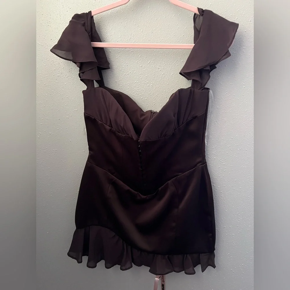 House of CB DIONNE Espresso Ruffle Corset Mini Dress Size L+ New - Picture 7 of 16